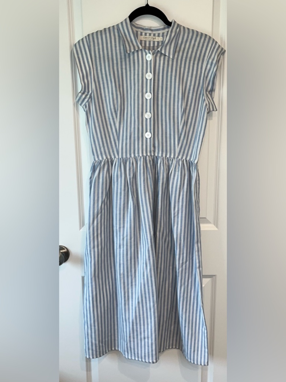 Christy Dawn Piper Dress Medium Blue Stripe Cottagecore Prairie Minimalist